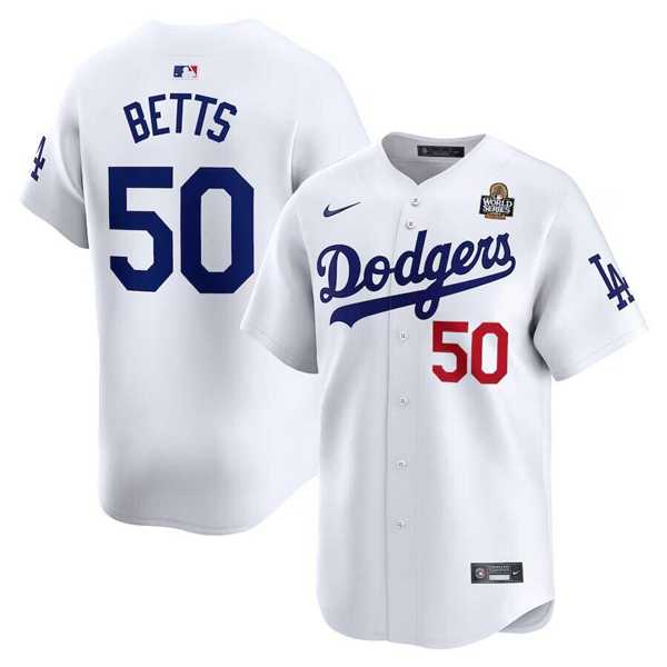 Mens Los Angeles Dodgers #50 Mookie Betts White 2024 World Series Home Limited Cool Base Stitched Jersey Dzhi